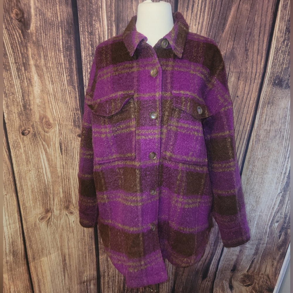 Good American Shacket Size 1/2(S/M) Pop Thistle Large Plaid - Picture 2 of 10